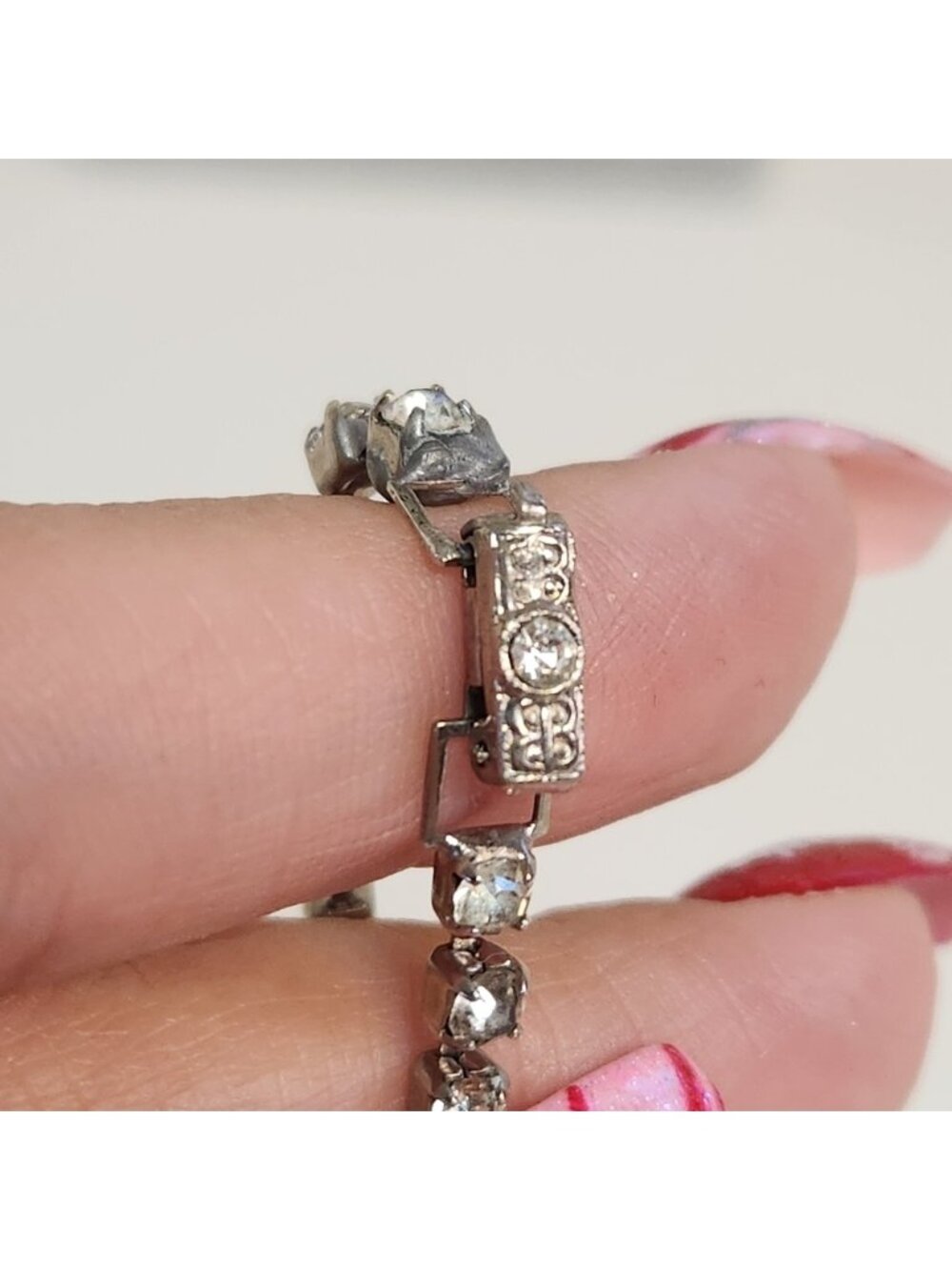 Vintage Art Deco Style Rhinestone Link Bracelet Silver Tone 1950s Retro Costume - Picture 9 of 9
